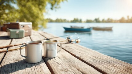 Naklejka premium Relaxing Moment on Dock with Thermos and Two Cups of Iced Tea