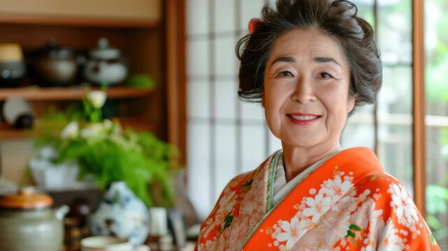 A cheerful Asian woman in an ornate kimono, showcasing traditional Japanese attire, possibly celebrating a family gathering or participating in a social event.