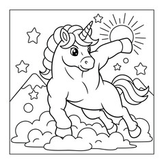 Fototapeta premium Unicorn superhero jumping above clouds with raised hoof under stars and sun