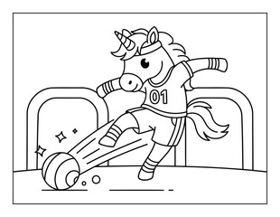 Obraz premium Unicorn coloring page soccer player pony kicking ball in stadium scene