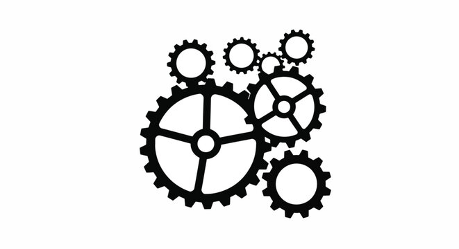 Interconnected gears and cogs in mechanical motion together