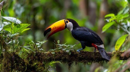Naklejka premium Vibrant Toucan Perched on Moss-Covered Branch in Tropical Forest Setting