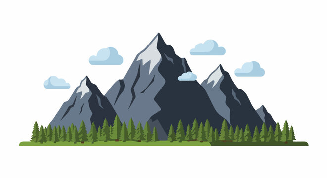 Mountain range landscape with snow capped peaks and green trees under blue sky with clouds