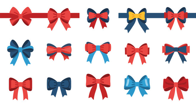 Collection of assorted colorful ribbons and bows in red blue and yellow hues for decoration