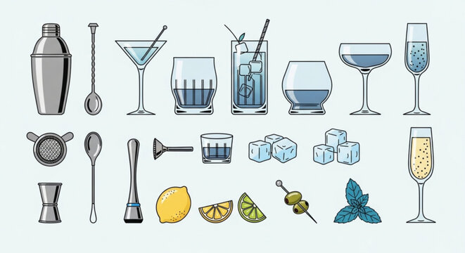 Cocktail bar essentials with glasses tools and ingredients on a light background