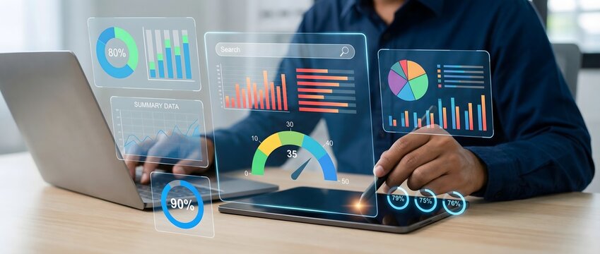 Businessman interacts with dynamic holographic business dashboards and charts on his tablet, simultaneously working on a laptop, demonstrating data analysis and market research.