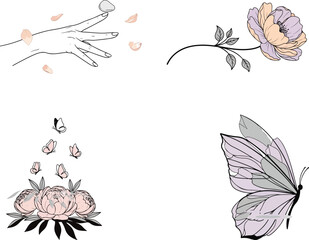 Naklejka premium Gemini saidHand drawn vintage floral vector illustration featuring an abstract nature design with black flower silhouettes and butterflies for a decorative spring frame pattern or wallpaper ornament