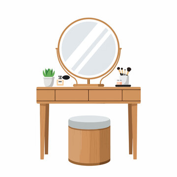 Wooden dressing table with round mirror and stool for makeup and beauty routine