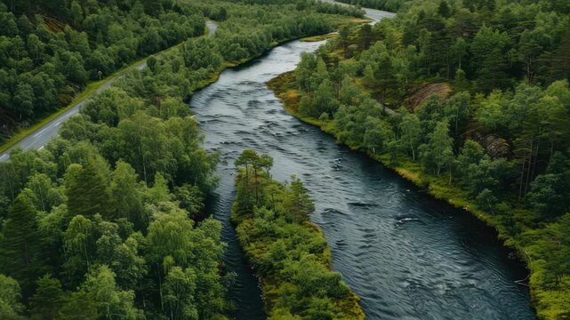A river flowing through a lush green forest.