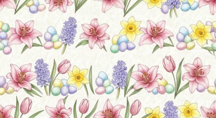 Fototapeta premium beautiful floral pattern with colorful flowers and leaves on white background for spring or easter d