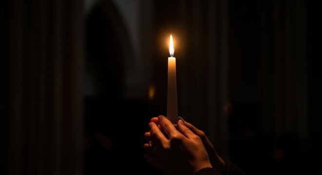 a hand holding a lit candle in a dark room with a blurry background and a white archway close up det