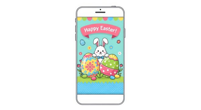 a white smartphone with a colorful easter bunny on the screen easter bunny happy easter phone screen