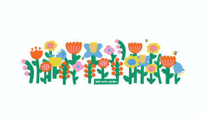 Naive art floral border with colorful spring flowers, bold vector garden illustration, whimsical botanical horizontal banner for greeting cards © stcok victer cenva
