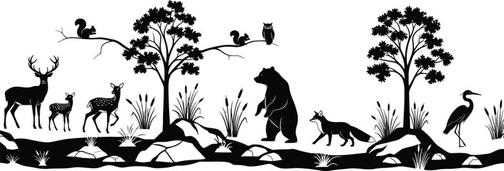 Naklejka premium Black silhouette of forest animals and trees on white background in natural setting scene