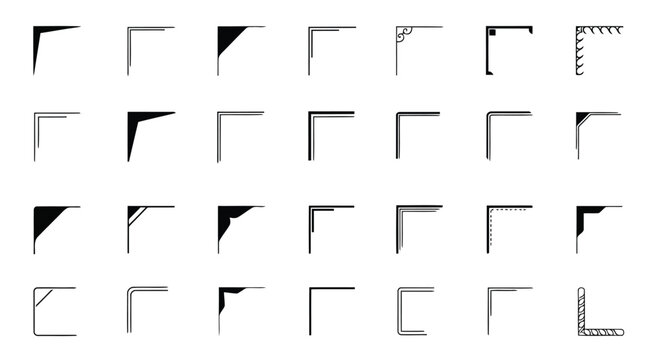 Collection of geometric shapes composed of connected right-angle lines forming various patterns