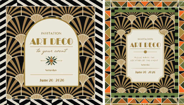 Art Deco invitation card set, vintage geometric fan pattern borders, elegant 1920s Gatsby style wedding stationery, gold and black luxury vector templates