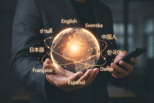 Person's hands delicately hold a glowing holographic earth globe, encircled by various international languages, symbolizing global communication, translation, and worldwide connectivity.