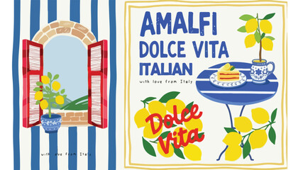 Italian Amalfi Dolce Vita vector illustration set, Mediterranean summer lemon theme with window view, vintage coastal travel poster art © stcok victer cenva