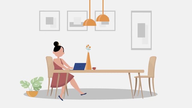 Woman working at home desk with laptop, remote work and freelance concept