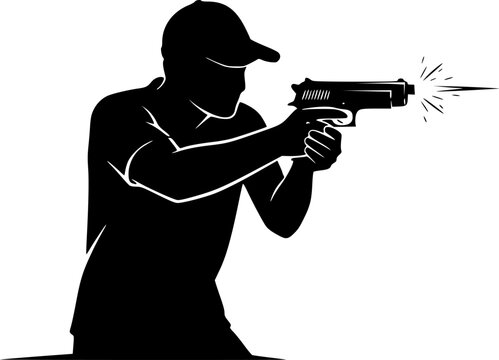 person Shooting Handgun Silhouette - Tactical Pistol Firing Vector Icon with Muzzle Blast