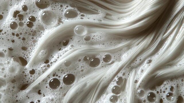 Sudsy shampoo foam with bubbles washing clean, wet, and healthy hair in a macro beauty treatment