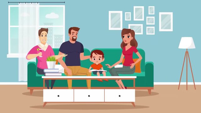 Happy family spending time together on sofa at home, bonding