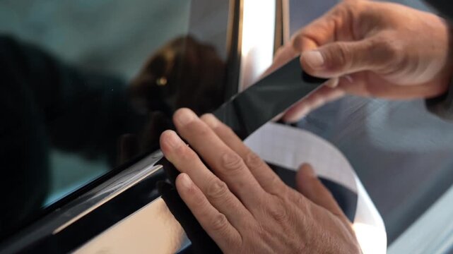 A car wrapping specialist applies a polyurethane film to the car. Antichrome