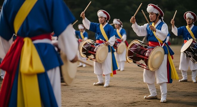 Korean Traditional Pungmul Drummers Performing in Hanbok Outfits