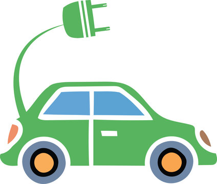 Green car is being charged with large electric plug inserted vector design