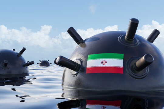 Naval mines floating on calm water with an iran flag marking, detailed rendering depiction under clear sky showing tension concept in maritime zone. 3D Rendering