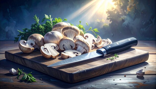 mushrooms champignons on a wooden board
