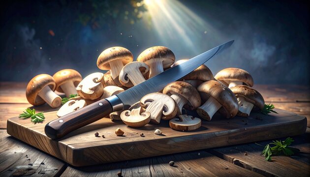 mushrooms champignons on a wooden board
