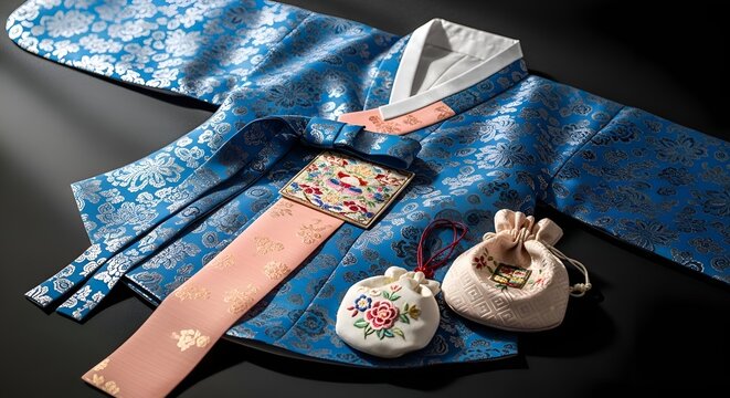 Blue Korean Traditional Hanbok Silk Garment with Lucky Pouches