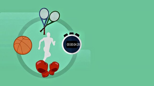 Dynamic sports animation with a running athlete silhouette surrounded by a basketball tennis rackets boxing gloves and a stopwatch.