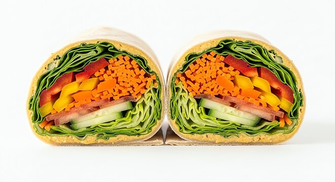 A colorful, cross-section view of a fresh vegetable wrap packed with layers of shredded carrots, peppers, cucumbers, and leafy greens, presented on a clean white background.