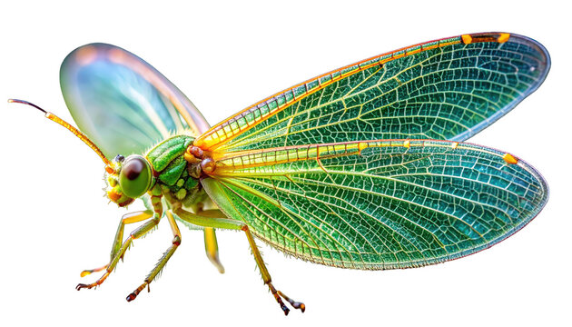 A detailed, high-resolution close-up studio shot of a dobsonfly with its intricate wings spread wide open against a pure white background, showcasing its vibrant colors and delicate vein patterns