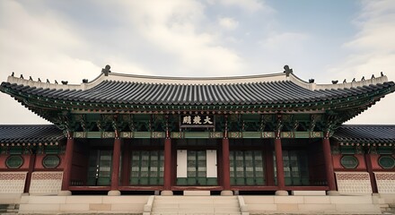 Obraz premium Traditional Korean Palace Hall with Ornate Eaves and Tiled Roof