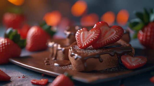 A delicious chocolate cake topped with strawberries, drizzled in chocolate sauce.