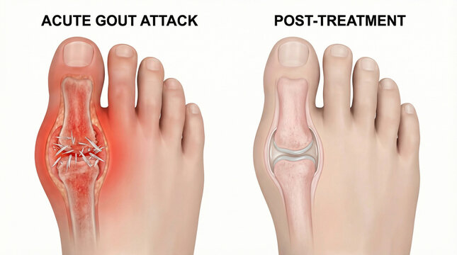 Acute Gout Attack with Uric Acid Crystals and Post-Treatment Joint