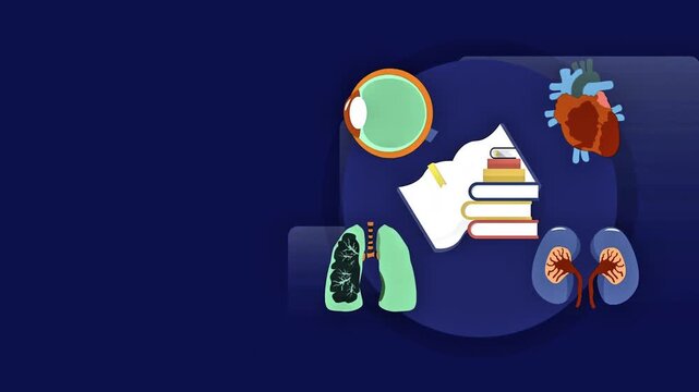 Flat design animation featuring internal organ icons like the heart lungs and kidneys alongside a stack of books and a human eye.