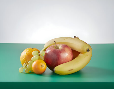 apples and bananas, on the table 