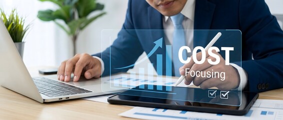 Businessman in a blue suit works with a stylus on a tablet, interacting with a holographic "cost focusing" interface and an upward trending bar graph, symbolizing strategic cost management.
