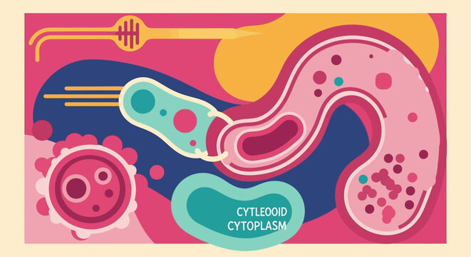 Microscopic view of a bacterium interacting with a host cell, illustrating cellular processes and structures.