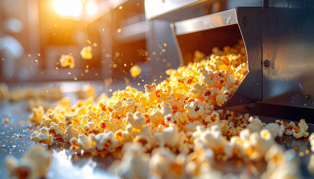 Golden Popcorn Falling From Machine in Industrial Kitchen