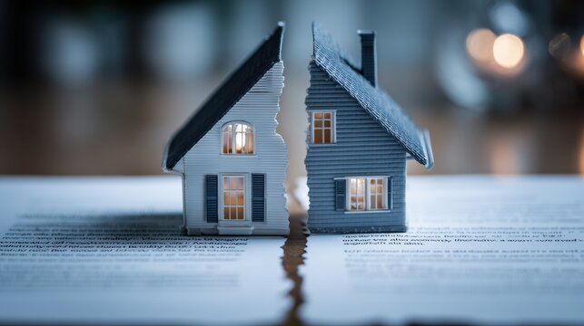 Concept of Property Division With a House Model Split in Half Over a Legal Document Representing Divorce Settlement