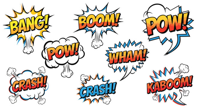 Comic book sound effects in cartoon style speech bubbles on plain surface