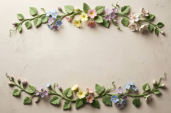 Minimalist clay flower banner with large central copy space for spring messages