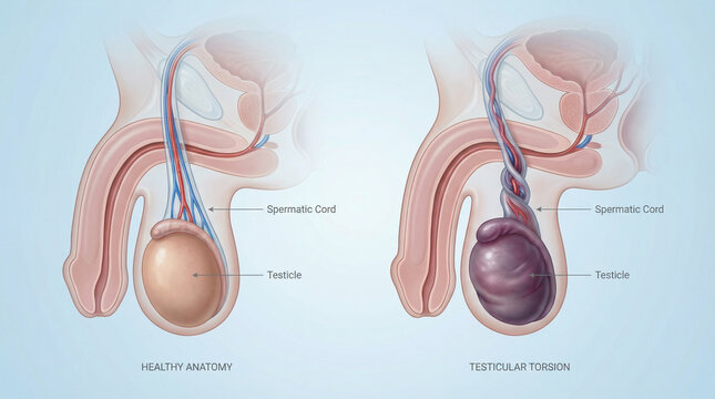 Testicular Torsion and Healthy Male Reproductive Anatomy 3D Illustration