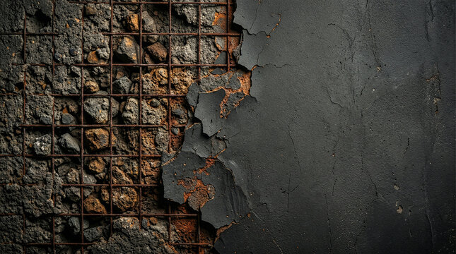 Split industrial background of exposed aggregate rusty mesh and dark charcoal concrete