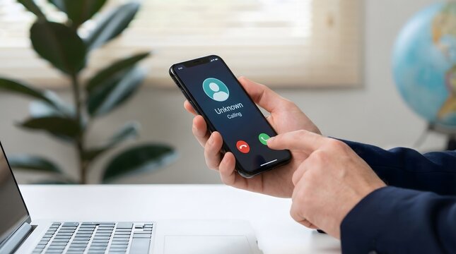 Hands holding a smartphone displaying an "unknown caller" screen with options to accept or decline, symbolizing unsolicited calls and digital privacy concerns in modern communication.